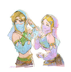 Rule 34 | 1boy, 1girl, :d, alternate costume, alzi xiaomi, arabian clothes, armlet, bandeau, bare shoulders, blonde hair, blue eyes, blush, bridal gauntlets, circlet, closed eyes, collarbone, cropped legs, crossdressing, detached sleeves, earrings, embarrassed, from side, gerudo set (zelda), halterneck, harem pants, highres, jewelry, link, male focus, midriff, mouth veil, navel, nintendo, official alternate costume, open mouth, pants, pointy ears, see-through, simple background, smile, stomach, tearing up, teeth, the legend of zelda, the legend of zelda: breath of the wild, the legend of zelda: tears of the kingdom, trap, upper teeth only, veil, white background