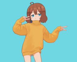 Rule 34 | 1girl, ahoge, blue background, blue eyes, brown hair, closed mouth, commentary, cowboy shot, double v, english commentary, highres, long sleeves, looking at viewer, nuri (yoon cook), original, short hair, simple background, sleeves past wrists, solo, sweater, tearing up, tears, turtleneck, turtleneck sweater, v, yellow sweater, yoon cook