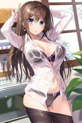 Rule 34 | 1girl, :o, black bra, black panties, black pantyhose, blue eyes, blush, bow, bow bra, bow panties, bra, breasts, brown hair, cleavage, clothes pull, collared shirt, earrings, fujiki maka, hair ornament, hairclip, holding, indoors, jewelry, large breasts, laundry, long hair, long sleeves, looking at viewer, navel, oryo (oryo04), panties, pantyhose, pantyhose pull, rain, shirt, sidelocks, stomach, underwear, wet, wet clothes, wet shirt, window