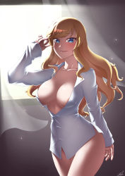 Rule 34 | 1girl, absurdres, areola slip, bad id, bad pixiv id, blonde hair, blouse, blue eyes, blush, breasts, chanakim, cleavage, collarbone, commentary request, covered erect nipples, curtains, dress shirt, highres, idolmaster, idolmaster cinderella girls, large breasts, light, light smile, long hair, looking at viewer, nail polish, naked shirt, narrow waist, no bra, no panties, ohtsuki yui, pink nails, shirt, signature, solo, white shirt, wide hips, window