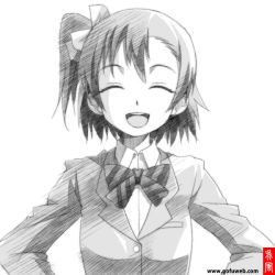 Rule 34 | 10s, 1girl, :d, bow, closed eyes, gofu, greyscale, hair bow, jacket, kosaka honoka, long sleeves, love live!, love live! school idol project, monochrome, open mouth, ponytail, school uniform, short hair, side ponytail, simple background, smile, solo, striped, striped bow, watermark, web address, white background