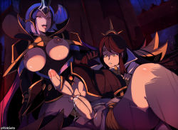 Rule 34 | 2futa, arete (fire emblem), blush, breasts, brown eyes, brown hair, censored, clothed sex, cum, cum in pussy, ejaculation, erection, fire emblem, fire emblem fates, futa with futa, futanari, half-closed eyes, highres, large breasts, large penis, long hair, looking at viewer, medium hair, mikoto (fire emblem), mosaic censoring, multiple futa, nintendo, nipples, no testicles, one eye closed, open mouth, orphen (pink seito), penis, purple hair, pussy, sex, sex from behind, smile, tongue, tongue out, vaginal