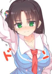 Rule 34 | 1girl, :3, @ @, absurdres, ahoge, arm up, black hair, blue shirt, blush, breasts, casual, cleavage, closed mouth, commentary request, embarrassed, eyelashes, green eyes, hair bun, highres, hitachi mako, large breasts, long sleeves, looking at viewer, necktie, nervous smile, nose blush, red necktie, segaxtu, selfie, senren banka, shirt, simple background, smile, solo, sound effects, sweatdrop, twitching, white background