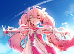 Rule 34 | 1girl, ^ ^, ahoge, blue ribbon, blue sky, blush, closed eyes, cloud, commentary request, day, dress, elsword, closed eyes, facing viewer, grin, hair ribbon, highres, laby (elsword), long hair, long sleeves, outdoors, outstretched arms, pink hair, puffy long sleeves, puffy sleeves, radiant soul (elsword), ribbon, see-through, see-through sleeves, signature, sky, smile, solo, spread arms, twintails, very long hair, white dress, xes (xes 5377)