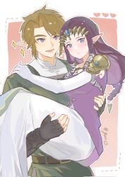 Rule 34 | 1boy, 1girl, armor, black gloves, blue eyes, blush, brown hair, carrying, closed mouth, commentary request, dress, ear piercing, earrings, elbow gloves, fingerless gloves, gloves, green tunic, highres, jewelry, link, long hair, looking at another, lower teeth only, nintendo, open mouth, pauldrons, piercing, pointy ears, princess carry, princess zelda, purple dress, short hair, shoulder armor, smile, sweatdrop, teeth, the legend of zelda, the legend of zelda: twilight princess, tunic, twitter username, two-tone dress, white dress, white gloves, yun (dl2n5c7kbh8ihcx)