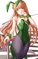 Rule 34 | 1girl, absurdres, animal ears, black pantyhose, bow, bowtie, breasts, collar, commentary request, covered navel, cowboy shot, detached collar, green bow, green bowtie, green collar, green eyes, green leotard, highres, hime cut, horse girl, horse tail, leotard, orange hair, pantyhose, partial commentary, playboy bunny, rabbit ears, railing, silence suzuka (umamusume), small breasts, solo, stairs, tail, umamusume, vami, wrist cuffs