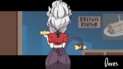 Rule 34 | 1girl, animated, animated gif, ass, ass shake, black pants, blouse, blush, demon girl, demon horns, demon tail, diives, eating, english text, facing away, food, from behind, heart, helltaker, holding, holding plate, holding with tail, horns, looking at viewer, lucifer (helltaker), mole, mole under eye, pancake, pants, plate, prehensile tail, red eyes, red shirt, shirt, short sleeves, solo, speech bubble, tail, thigh gap, white hair, wide hips