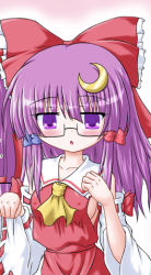 Rule 34 | 1girl, bespectacled, breasts, cosplay, crescent, crescent hair ornament, detached sleeves, covered erect nipples, female focus, glasses, hair ornament, hakurei reimu, hakurei reimu (cosplay), inasaki shirau, japanese clothes, miko, patchouli knowledge, purple eyes, purple hair, sideboob, solo, touhou