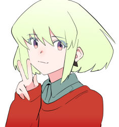 Rule 34 | 1boy, ahoge, alternate costume, casual, collared shirt, colored eyelashes, earrings, green hair, green shirt, happy, jewelry, lio fotia, male focus, ns1123, portrait, promare, purple eyes, red sweater, shirt, short hair, sidelocks, simple background, sleeves past wrists, smile, solo, sweater, trap, triangle earrings, v, white background
