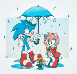Rule 34 | 1boy, 1girl, ame (beeames), amy rose, blue umbrella, boots, border, bracelet, closed mouth, commentary, dress, elbow rest, eyelashes, flower, furry, furry female, furry male, gloves, gold bracelet, gradient background, green eyes, hairband, hand on own hip, hand up, head rest, hedgehog boy, hedgehog girl, highres, holding, holding umbrella, jewelry, long sleeves, looking down, outside border, puddle, rain, red dress, red footwear, red hairband, simple background, smile, smirk, sonic (series), sonic the hedgehog, squatting, standing, symbol-only commentary, teruterubouzu, umbrella, water, white border, white gloves, yellow flower