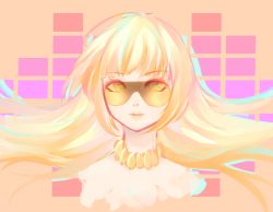 Rule 34 | 1girl, blonde hair, choker, cyber diva, eyelashes, glasses, highres, jewelry, lipstick, makeup, matomiki, multicolored eyes, multicolored hair, necklace, solo, upper body, vocaloid, yellow eyes, yellow lips