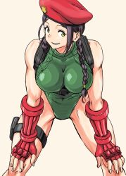 Rule 34 | 1girl, anbj, backpack, bag, bare legs, bare shoulders, belt, beret, black hair, braid, braided ponytail, breasts, cammy white, cammy white (cosplay), cosplay, fingerless gloves, gloves, green eyes, hat, idolmaster, idolmaster cinderella girls, large breasts, leg belt, leotard, long hair, looking at viewer, red gloves, simple background, smile, solo, yamato aki