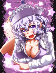 Rule 34 | 1girl, blush, breasts, cleavage, collarbone, crossed arms, downblouse, female focus, hat, highres, large breasts, long sleeves, looking at viewer, lying, merlin prismriver, on stomach, open mouth, purple eyes, shirt, silver hair, smile, solo, star (symbol), touhou, zan (harukahime)