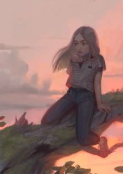 Rule 34 | 1girl, animal print, cat print, cloud, denim, expressionless, helena ilicheva, highres, jeans, leaf, lips, long hair, looking afar, looking to the side, midriff, moss, nose, off shoulder, orange sky, original, outdoors, pants, parted bangs, photo-referenced, see-through, shirt, shoes, sky, sneakers, solo, striped, sunset