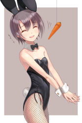 Rule 34 | 1girl, animal ears, bare shoulders, beige background, black bow, black bowtie, black leotard, border, bow, bowtie, breasts, carrot, closed eyes, commentary request, cowboy shot, detached collar, fake animal ears, fishnet pantyhose, fishnets, from side, furrowed brow, grey background, grey hair, highres, idolmaster, idolmaster cinderella girls, legs together, leotard, nekopuchi, otokura yuuki, outside border, own hands clasped, own hands together, pantyhose, playboy bunny, rabbit ears, rabbit girl, rabbit tail, short hair, small breasts, smile, solo, standing, strapless, strapless leotard, tail, teeth, two-tone background, upper teeth only, white border, wrist cuffs