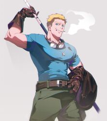 Rule 34 | 1boy, arm behind head, bara, belt, blonde hair, blue eyes, blue shirt, cid highwind, cigarette, clenched teeth, dog tags, facial hair, final fantasy, final fantasy vii, gloves, goggles, goggles around neck, green pants, grey background, highres, holding, holding clothes, holding jacket, holding polearm, holding weapon, jacket, large pectorals, looking at viewer, male focus, mature male, muscular, muscular male, over shoulder, pants, pectorals, peonrin, polearm, shirt, short hair, short sleeves, smoke, smoking, solo, square enix, stubble, t-shirt, teeth, thick eyebrows, upper body, weapon, weapon over shoulder