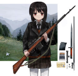 Rule 34 | 1girl, absurdres, ammunition, battle rifle, bayonet, black hair, black jacket, black necktie, border, brown skirt, bullet, clip (weapon), collared shirt, commentary, cowboy shot, day, equipment layout, field, grass, gun, hairo (r228n), highres, holding, holding gun, holding weapon, jacket, light smile, long sleeves, looking at viewer, magazine (weapon), mountainous horizon, nature, necktie, original, outside border, overcast, pantyhose, plaid, plaid skirt, rabbit, red eyes, red sweater vest, rifle, scope, shirt, skirt, sky, solo, spring (object), straight-on, svt-40, sweater vest, weapon, white border, white pantyhose, white shirt