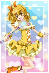 Rule 34 | 00s, 1girl, :d, bad id, bad pixiv id, boots, bow, brown eyes, brown hair, cure pine, dress, earrings, female focus, fresh precure!, gradient background, hair ribbon, happy, heart, jewelry, magical girl, nuridoa3, open mouth, precure, ribbon, short hair, side ponytail, smile, solo, wand, wrist cuffs, yamabuki inori