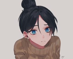 Rule 34 | 1girl, alternate costume, animification, apex legends, black hair, blue eyes, brown sweater, grey background, hair behind ear, iyo (nanaka-0521), leaning forward, light blush, looking at viewer, parted bangs, ribbed sweater, signature, solo, sweater, upper body, wraith (apex legends)