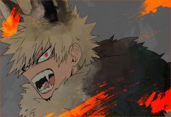 Rule 34 | 1boy, angry, animal ear request, animal ears, bakugou katsuki, blonde hair, boku no hero academia, fangs, fangs out, fur collar, grey background, male focus, mkm (mkm storage), open mouth, red eyes, signature, simple background, solo, spiked hair, teeth, tongue