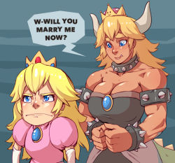 Rule 34 | 2girls, armlet, bankage, bare shoulders, black dress, blonde hair, blue eyes, blush, bowsette, bracelet, breasts, brooch, chibi, cleavage, collar, commentary, crown, dark-skinned female, dark skin, dress, elbow gloves, english commentary, english text, female focus, frown, gloves, height difference, horns, jewelry, large breasts, mario (series), marriage proposal, medium hair, multiple girls, muscular, muscular female, new super mario bros. u deluxe, nintendo, nose, nose blush, pink dress, platinum blonde hair, princess peach, shy, spiked armlet, spiked bracelet, spiked collar, spiked tail, spikes, strapless, strapless dress, super crown, tail, thick eyebrows, white gloves, yuri