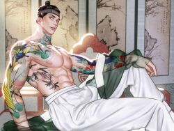 Rule 34 | 1boy, abs, arm tattoo, asian, character request, expressionless, indoors, male focus, muscular, muscular male, nanbong, nipples, painter of the night (manhwa), parted lips, pectorals, sitting, solo, tattoo, yoon seungho