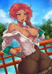 Rule 34 | abs, bad id, bad twitter id, bikini, blush, breasts, brown pantyhose, cleavage, dark skin, giovanna (guilty gear), gloves, guilty gear, high-waist pantyhose, highres, looking to the side, micro bikini, narrow waist, open mouth, pantyhose, pink hair, shirt, solo, sweat, swimsuit, thick thighs, thighs, undressing, velminth