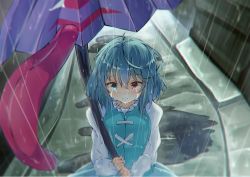 Rule 34 | 1girl, arms up, blue eyes, blue hair, blue skirt, blue vest, commentary request, crying, crying with eyes open, frilled shirt collar, frills, from above, hair between eyes, heterochromia, highres, holding, holding umbrella, juliet sleeves, karakasa obake, light frown, long sleeves, looking at viewer, outdoors, puddle, puffy sleeves, rain, red eyes, road, sachisudesu, shirt, short hair, skirt, sleeves past wrists, solo, standing, streaming tears, street, tatara kogasa, tears, touhou, umbrella, vest, white shirt