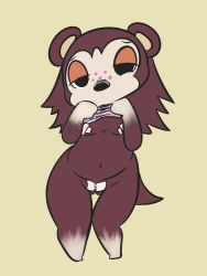 Rule 34 | 1girl, animal crossing, animal ears, black eyes, bottomless, breasts, cameltoe, cleft of venus, clothes lift, female focus, freckles, full body, furry, furry female, half-closed eyes, hands up, highres, knees together feet apart, lifted by self, looking at viewer, maebari, navel, nintendo, pasties, presenting, sable able (animal crossing), shirt lift, simple background, small breasts, solo, standing, tail, vono (voon), wide hips, yellow background