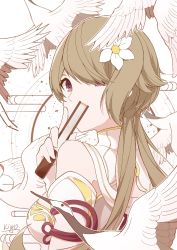 Rule 34 | 1girl, aliasing, bare shoulders, bird, brown hair, china dress, chinese clothes, covering own mouth, crane (animal), dress, flower, folded fan, folding fan, hair flower, hair ornament, hair over one eye, hand fan, holding, honkai (series), honkai impact 3rd, long hair, looking at viewer, looking back, purple eyes, qingxiao kiyokiyo, rita rossweisse, rita rossweisse (artemis), solo, twintails, white background, white flower