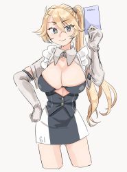 Rule 34 | 1girl, absurdres, ahoge, alternate costume, alternate hairstyle, apron, blonde hair, blue eyes, blush, breasts, cleavage, cropped legs, elbow gloves, gloves, highres, holding, iowa (kancolle), kantai collection, kosame (iso), large breasts, long hair, menu, ponytail, side ponytail, simple background, smile, solo, star-shaped pupils, star (symbol), symbol-shaped pupils, waitress, white background, yellow pupils