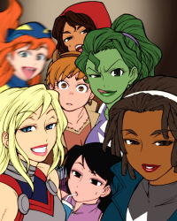 Rule 34 | 6+girls, a-force, america chavez, animification, arrow (projectile), black eyes, black hair, blonde hair, blue eyes, brown eyes, brown hair, buck teeth, chiba toshirou, collarbone, colored skin, cup, dark-skinned female, dark skin, derivative work, doreen green, dreadlocks, drinking, drinking straw, earrings, gradient background, green eyes, green hair, green skin, grin, group picture, hair tie, hairband, hawkeye (marvel), hellcat (patsy walker), hood, jennifer walters, jewelry, kate bishop, lips, lipstick, long hair, looking at viewer, makeup, marvel, monica rambeau, motion blur, multiple girls, open mouth, orange hair, out of focus, ponytail, quiver, selfie, she-hulk, smile, spectrum (marvel), squirrel girl, squirrel girl (marvel), superhero costume, sweatdrop, teeth, tongue, tongue out, valkyrie (marvel)