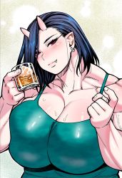 Rule 34 | 1girl, blue hair, blush, breasts squeezed together, breasts, cleavage, earrings, elf-san wa yaserarenai., fang, glass, horns, huge breasts, jewelry, looking at viewer, muscular, muscular female, oga (elf-san wa yaserarenai.), plump, pointy ears, ponytail, red eyes, short hair, simple background, smile, solo, synecdoche, white background