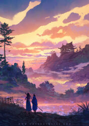 Rule 34 | 1boy, 1girl, above clouds, architecture, black hair, blue robe, building, cloud, commentary, east asian architecture, english commentary, facing away, from behind, gradient sky, grass, highres, holding, holding staff, holding sword, holding weapon, horizon, landscape, ocean, orange clouds, orange sky, original, outdoors, pagoda, robe, rock, scenery, sky, staff, standing, sunset, sword, sylvain sarrailh, very wide shot, water, weapon