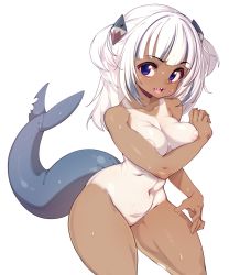 Rule 34 | 1girl, absurdres, alternate breast size, blue eyes, blue hair, blunt bangs, breasts, commentary, completely nude, dark-skinned female, dark skin, english commentary, fins, fish tail, gawr gura, hair ornament, highres, hololive, hololive english, looking at viewer, medium breasts, multicolored hair, navel, nipples, nude, one-piece tan, shark tail, sharp teeth, simple background, slugbox, solo, tail, tan, tanline, teeth, thick thighs, thighs, two-tone hair, virtual youtuber, white background, white hair