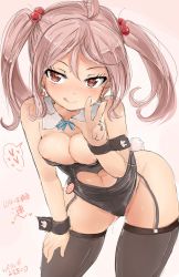 Rule 34 | 1girl, :q, artist name, beads, black thighhighs, breasts, breasts out, cleavage, clothing cutout, detached collar, drooling, earrings, female focus, garter straps, hair beads, hair ornament, heart, heart earrings, highres, jewelry, kantai collection, leotard, looking at viewer, medium breasts, navel, navel cutout, nipples, okiraku nikku, pussy juice, rabbit tail, saliva, sazanami (kancolle), solo, tail, thighhighs, tongue, tongue out, twintails, wrist cuffs
