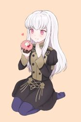 Rule 34 | 1girl, :t, black dress, blush, brown background, closed mouth, commentary request, dress, eating, fire emblem, fire emblem: three houses, food, food on face, full body, garreg mach monastery uniform, heart, holding, holding food, juliet sleeves, long hair, long sleeves, lysithea von ordelia, nintendo, pantyhose, puffy sleeves, purple pantyhose, red eyes, shimizu akina, simple background, sitting, smile, soles, solo, very long hair, wariza, white hair