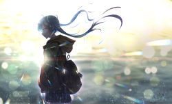 Rule 34 | 1girl, absurdres, aqua eyes, cowboy shot, from side, hands in pockets, hatsune miku, highres, hood, hoodie, lens flare, long hair, omone hokoma agm, signature, skirt, solo, twintails, vocaloid