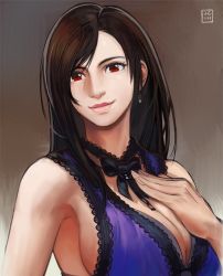 Rule 34 | 1girl, black hair, bow, breasts, brown eyes, cleavage, dress, earrings, final fantasy, final fantasy vii, final fantasy vii remake, hand on own chest, jewelry, lace, lace-trimmed dress, lace trim, large breasts, long hair, looking at viewer, overlord jc, purple dress, smile, solo, tifa lockhart, tifa lockhart (refined dress), upper body