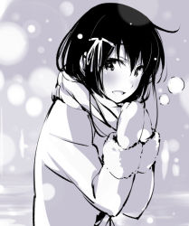 Rule 34 | 1girl, bad id, bad pixiv id, blush, breath, coat, enpera, greyscale, hair between eyes, hands up, looking at viewer, mittens, monochrome, open mouth, original, outdoors, scarf, sketch, snow, solo, tabata hisayuki, upper body
