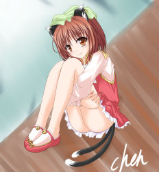 Rule 34 | 1girl, amicis, animal ears, ass, bell, brown hair, cat ears, cat girl, cat tail, chen, earrings, female focus, fingernails, hat, jewelry, hugging own legs, multiple tails, nail, shoes, short hair, sitting, smile, solo, tail, touhou