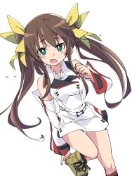 Rule 34 | 1girl, brown hair, detached sleeves, fang, green eyes, hair ribbon, huang lingyin, infinite stratos, ixy, long hair, looking at viewer, open mouth, ribbon, simple background, solo, standing, standing on one leg, uniform, white background, yellow ribbon