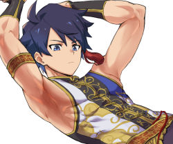 Rule 34 | 1boy, arm up, armlet, armpits, blue eyes, blue hair, chinese clothes, idol, idolmaster, idolmaster side-m, idolmaster side-m live on stage!, looking at viewer, male focus, official alternate costume, ponzu (beetle burner), simple background, sleeveless, solo, taiga takeru, toned, toned male, world tre@sure (idolmaster)