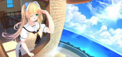 Rule 34 | 1girl, ascot, black ascot, blonde hair, blue bow, bow, cloud, cloudy sky, commentary, cowboy shot, green eyes, hair between eyes, hair bow, hair intakes, hair ornament, hand up, highres, indoors, lighthouse, long hair, looking afar, myria (7855), ocean, one eye closed, open mouth, outdoors, puffy short sleeves, puffy sleeves, sailor collar, shading eyes, shirt, short sleeves, sidelocks, skirt, sky, smile, solo, summer pockets, sunlight, sweater vest, tsumugi wenders, twintails, white sailor collar, white shirt, white skirt, window, x hair ornament, yellow sweater vest