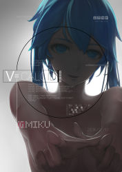 Rule 34 | 1girl, absurdres, backlighting, blue eyes, blue hair, breasts, btx-02, character name, convenient arm, copyright name, dated, gradient background, grey background, hatsune miku, highres, long hair, looking at viewer, nude, outstretched arms, pointing, pointing at viewer, small breasts, solo, translation request, twintails, upper body, vocaloid