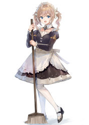 Rule 34 | 1girl, :d, absurdres, alternate costume, apron, barbara (genshin impact), black dress, black footwear, blue eyes, blush, broom, brown hair, commentary, dress, enmaided, full body, genshin impact, hair between eyes, high heels, highres, holding, holding broom, juliet sleeves, long sleeves, looking at viewer, maid, maid headdress, mochitsuki usa, open mouth, pantyhose, puffy sleeves, shadow, shoes, smile, solo, standing, standing on one leg, twintails, waist apron, white apron, white background, white pantyhose