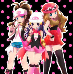 Rule 34 | 3girls, antenna hair, arm behind back, bag, bare shoulders, baseball cap, beanie, black background, black footwear, black shirt, black socks, black vest, blonde hair, blue eyes, blue hair, blue shorts, blush, boots, bracelet, breasts, brown hair, candy, collarbone, creatures (company), dawn (pokemon), denim, denim shorts, duffel bag, eyewear on headwear, female focus, food, game freak, hair ornament, hair tie, hairclip, hand on own hip, hand up, happy, hat, high ponytail, highres, hilda (pokemon), holding, jewelry, knee boots, kneehighs, lollipop, long hair, looking at viewer, matching hair/eyes, miniskirt, multiple girls, nintendo, open mouth, outline, pink footwear, pink skirt, poke ball theme, pokemon, pokemon bw, pokemon dppt, pokemon xy, polka dot, polka dot background, ponytail, red headwear, red scarf, red skirt, sawarabi (sawarabi725), scarf, serena (pokemon), shiny skin, shirt, short shorts, shorts, simple background, skirt, sleeveless, sleeveless shirt, small breasts, smile, socks, standing, sunglasses, thighhighs, tongue, tongue out, two-tone background, v, vest, white-framed eyewear, white headwear, white outline, white shirt, wristband, zettai ryouiki