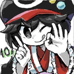 Rule 34 | 1other, androgynous, black eyes, black hair, black hat, colored skin, commentary request, frilled sleeves, frills, grey tongue, hat, hemo (hemoroda), japanese clothes, kimono, len&#039;en, long sleeves, one eye closed, other focus, red kimono, rei (len&#039;en), short hair, simple background, smile, solo, tongue, tongue out, white background, white skin