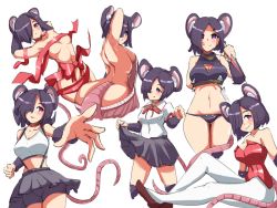 Rule 34 | 1girl, :q, animal ears, arched back, arm behind back, arm behind head, armpits, arms behind head, ass, bike shorts, black hair, black skirt, bob cut, breasts, cleavage, clothes lift, commentary, crop top, dellu (geenymous), english commentary, fur, hair over one eye, hip focus, kunai, large mouse (monster girl encyclopedia), leotard, lifted by self, looking at viewer, looking away, lowleg, lowleg panties, medium breasts, meme attire, midriff, monster girl encyclopedia, mouse ears, mouse girl, mouse tail, multiple views, naked ribbon, nanostar, original, outstretched arm, panties, pantyhose, purple eyes, red leotard, red ribbon, ribbon, shirt, short hair, shorts, shorts under skirt, sideboob, simple background, sketch, skirt, skirt lift, sleeveless, sleeveless shirt, smile, suspender skirt, suspenders, tail, tongue, tongue out, underwear, virgin killer sweater, weapon, white background, white pantyhose, white shirt