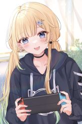Rule 34 | 1girl, aizawa ema, blonde hair, blue eyes, blush, breasts, cat earrings, cleavage, hair ornament, highres, holding, hood, hoodie, indoors, long hair, nail polish, nintendo switch, open mouth, pink nails, playing games, shain, smile, solo, twintails, virtual youtuber, vspo!